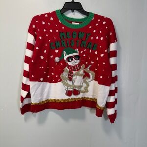 Major Label Group Meow Christmas Cat Ugly Sweater Red White Striped Large L